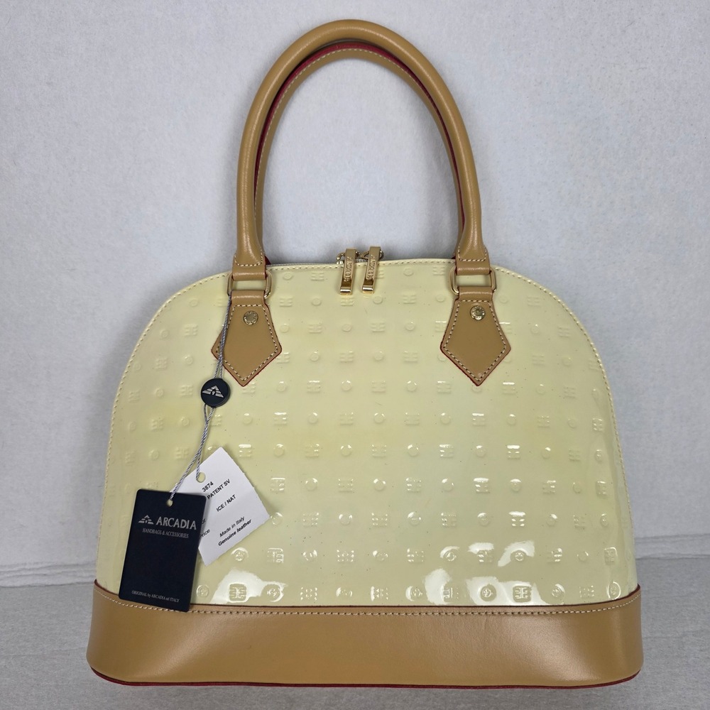 Arcadia Italy Patent Leather Dome Satchel Bag Ice Natural Tan 3874 NWT